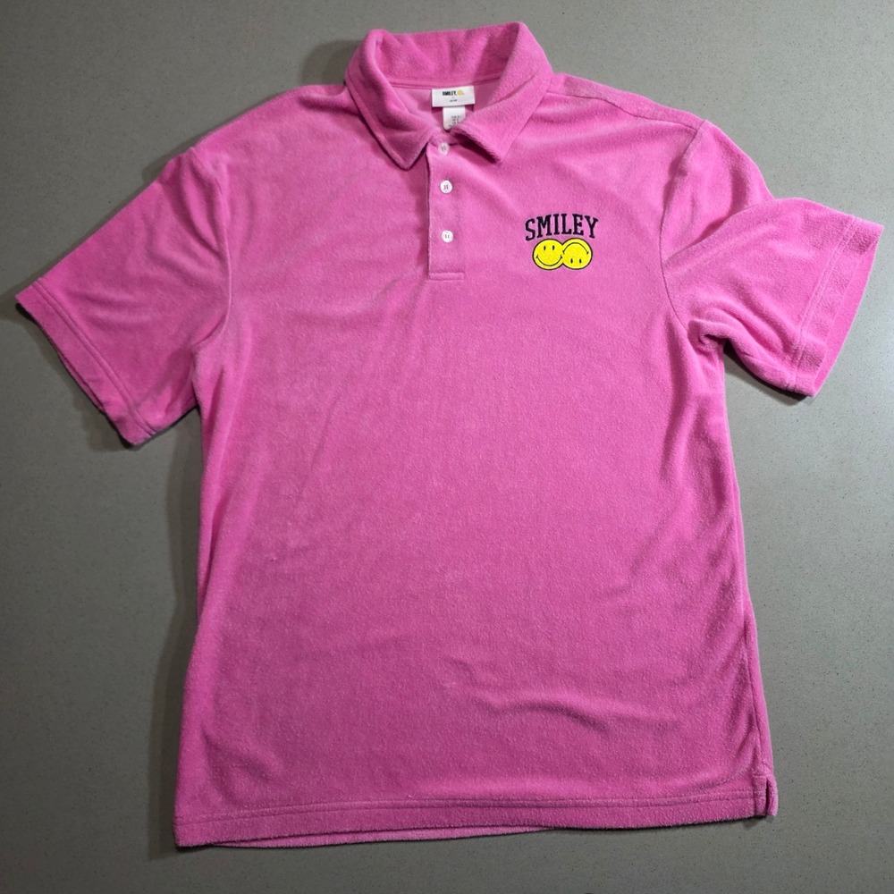 Smiley x H&M Pink Terry Cloth‎ Polo Shirt Mens Size S Embroidered Logo Retro